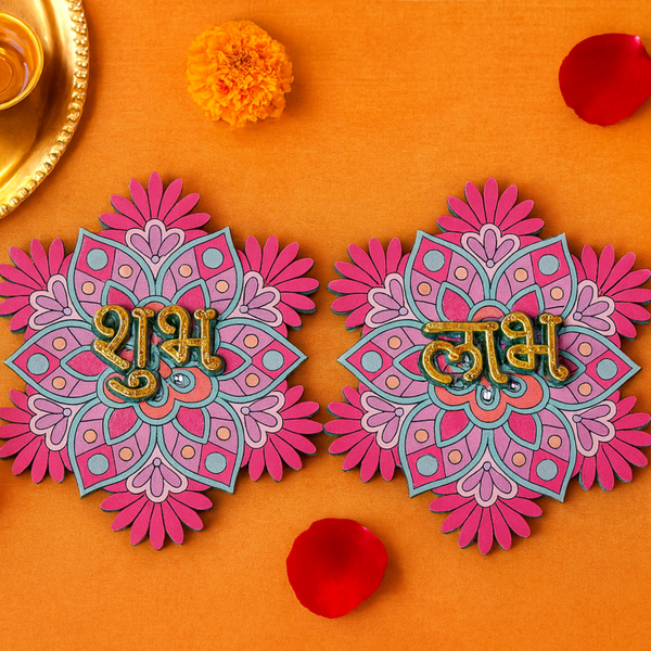 3D MDF Shubh Labh Pink Floral Mandala Design