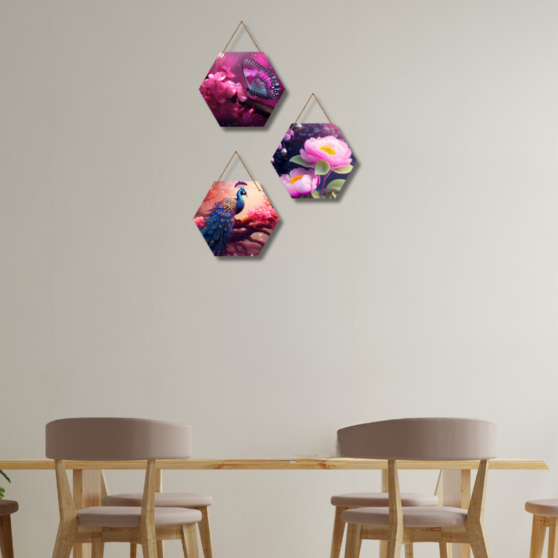 Floral & Nature Hexagon Wooden Wall Hanging Set