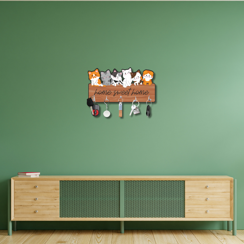 Cute Cats “Home Sweet Home” Wooden Wall Key Holder - ICraft asia