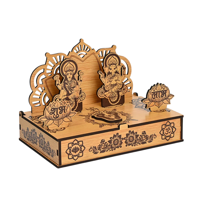 Wooden Portable Mandir & Diya Stand Combo