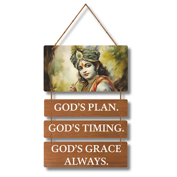Lord Krishna Inspirational Wooden Wall Hanging – “God’s Plan, Timing & Grace”
