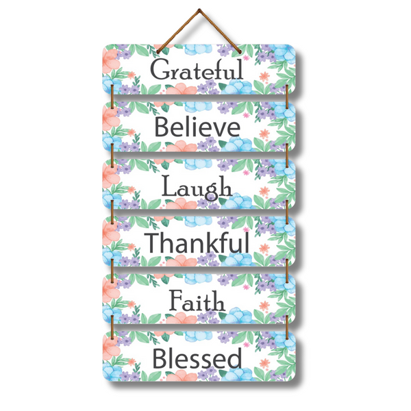 "Grateful, Believe, Laugh, Thankful, Faith, Blessed" Wall Hanging