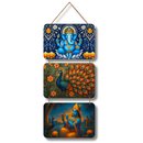 Ganesha, Peacock, Krishna Flute Wooden Wall Hanging