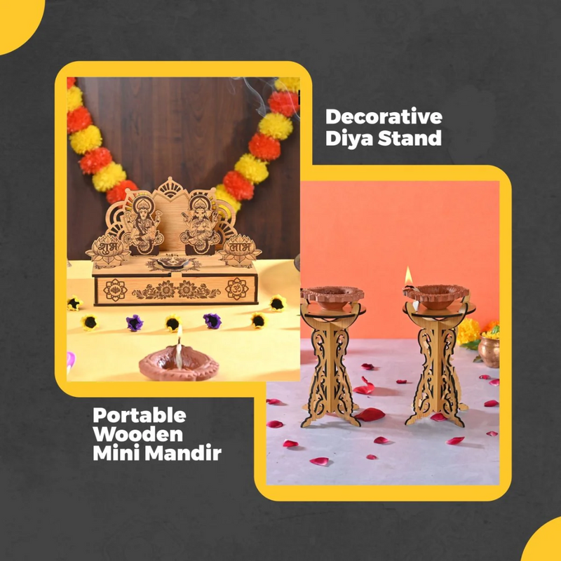Wooden Portable Mandir & Diya Stand Combo
