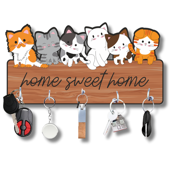 Cute Cats “Home Sweet Home” Wooden Wall Key Holder - ICraft asia
