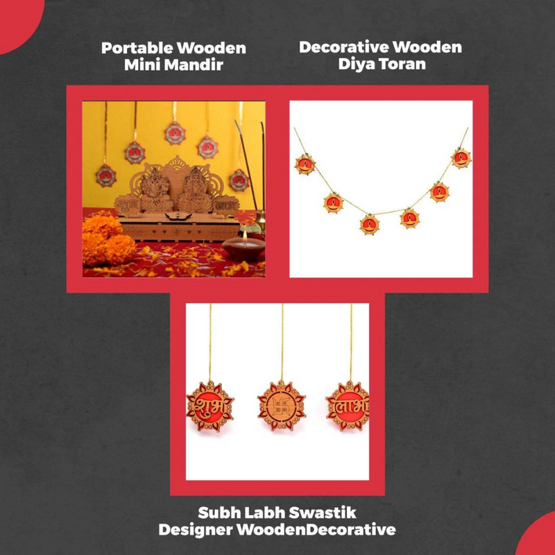 Wooden Diwali Gift Set Mandir, Diya Toran and Shubh Labh Swastik Dangler
