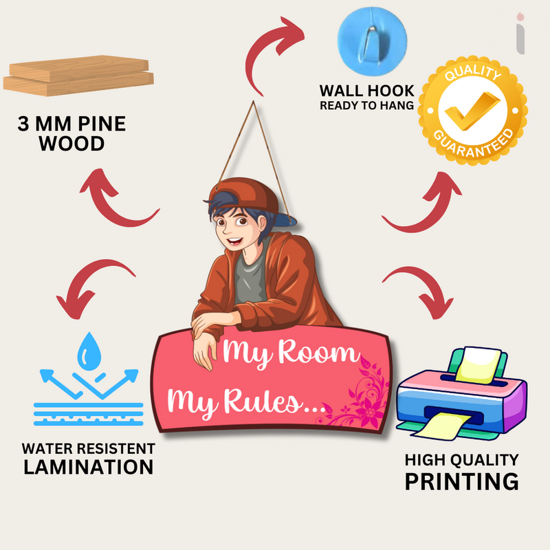 "My Room My Rules" Wooden Wall Hanging