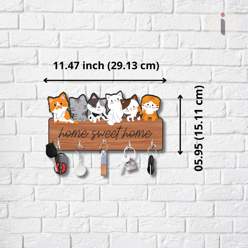 Cute Cats “Home Sweet Home” Wooden Wall Key Holder - ICraft asia