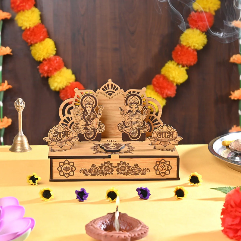 Wooden Portable Mandir & Diya Stand Combo