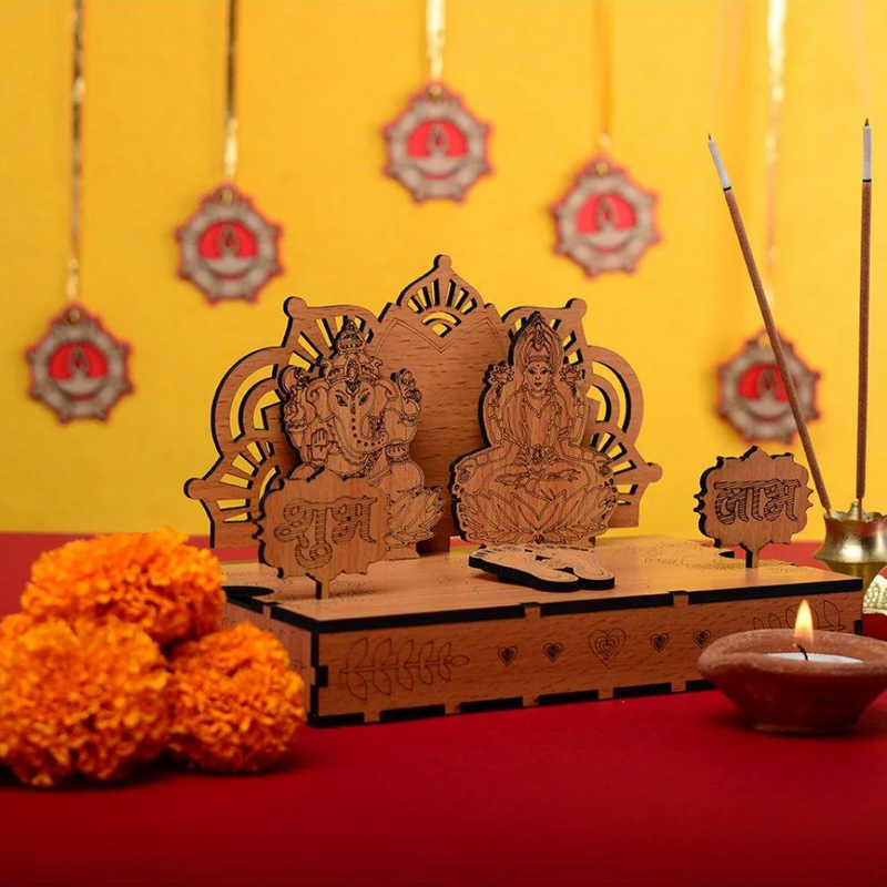 Wooden Diwali Gift Set Mandir, Diya Toran and Shubh Labh Swastik Dangler