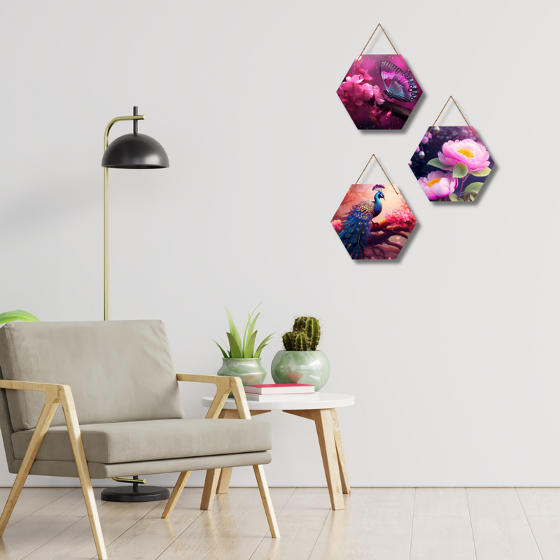 Floral & Nature Hexagon Wooden Wall Hanging Set
