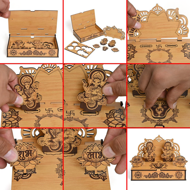 Wooden Portable Mandir & Diya Stand Combo