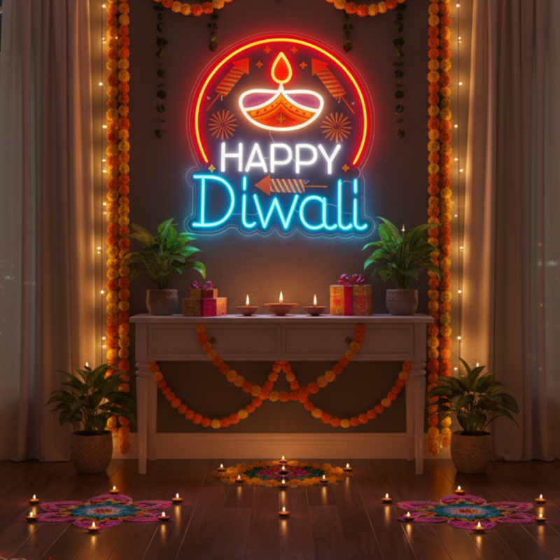 Happy Diwali Diya Design UV Neon Sign