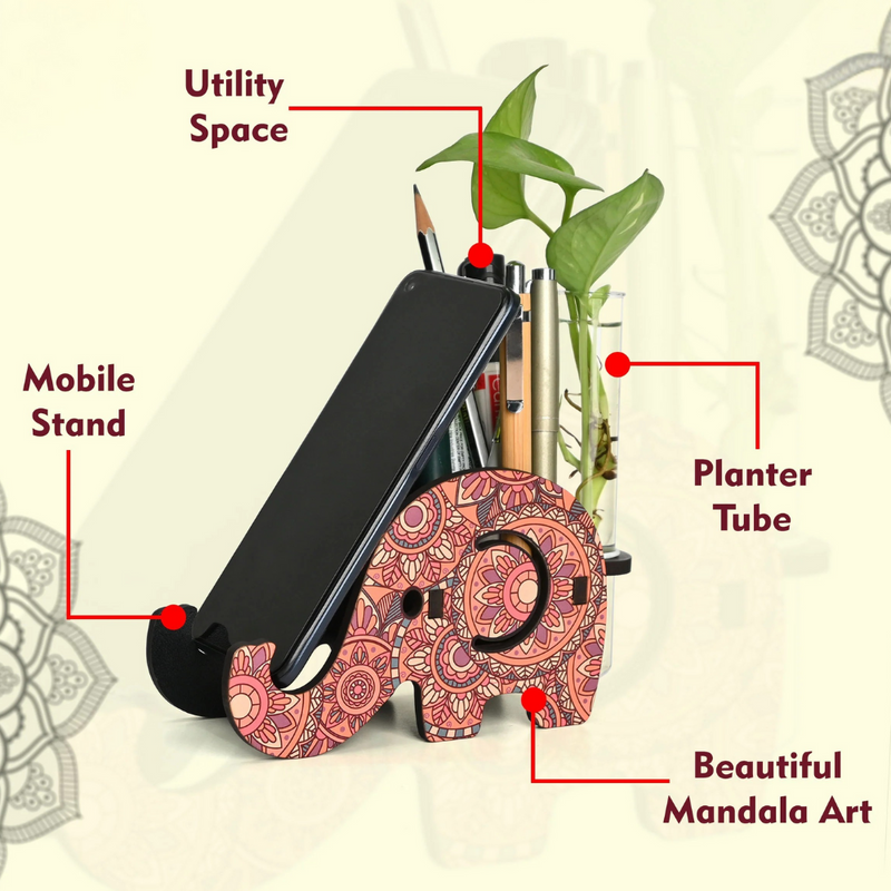 Eco-Friendly New Year Gift Hamper | Wooden Elephant Pen & Mobile Holder, Test Tube Planter, Coasters, Keychain & Chocolates | Perfect Corporate Gift