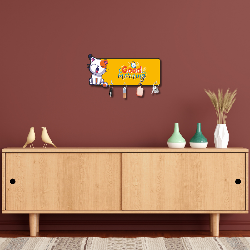 Good Morning Cat Wooden Wall Key Holder - ICraft asia