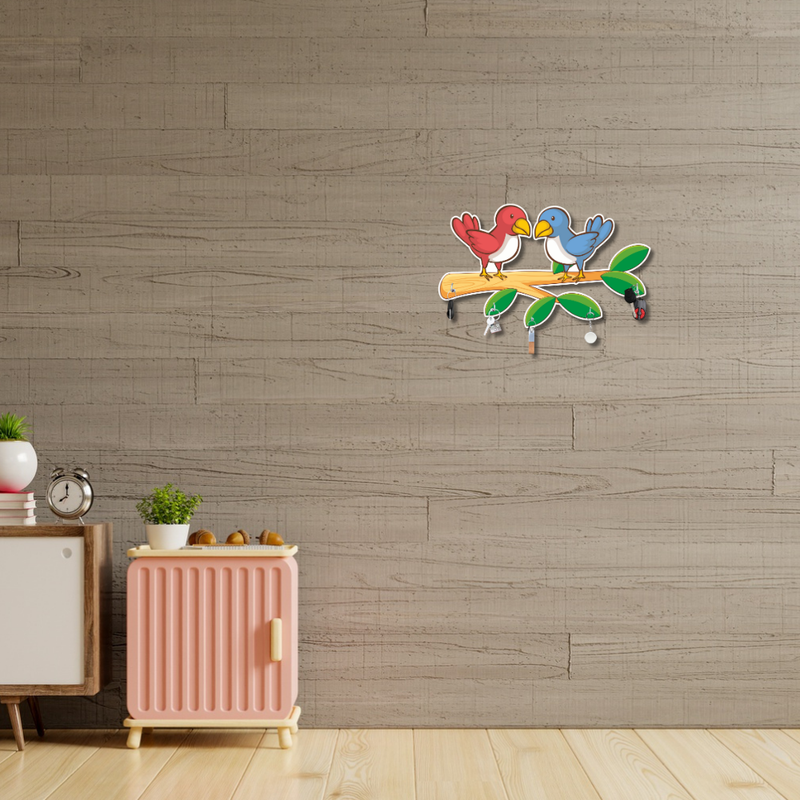 Colorful Birds on Branch Wooden Key Holder