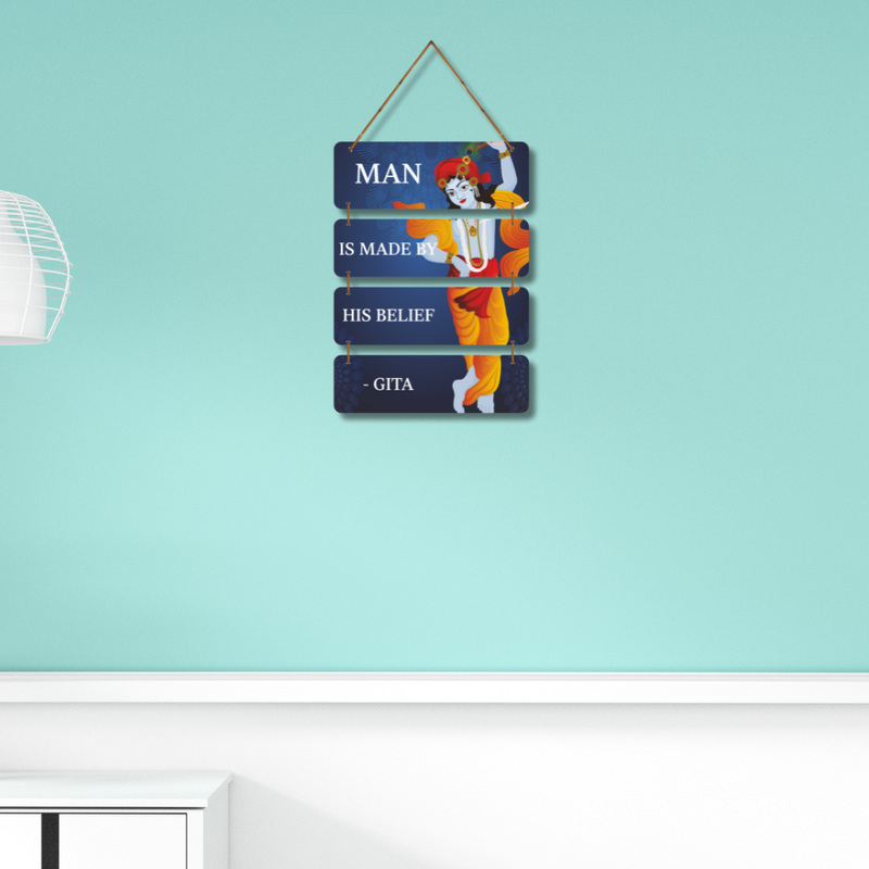 Man is made by his belie Shri Krishna wooden wall hanging