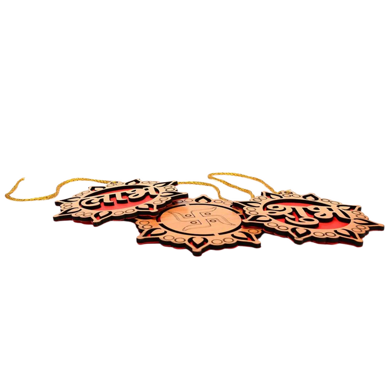 Wooden Diwali Gift Set Mandir, Diya Toran and Shubh Labh Swastik Dangler