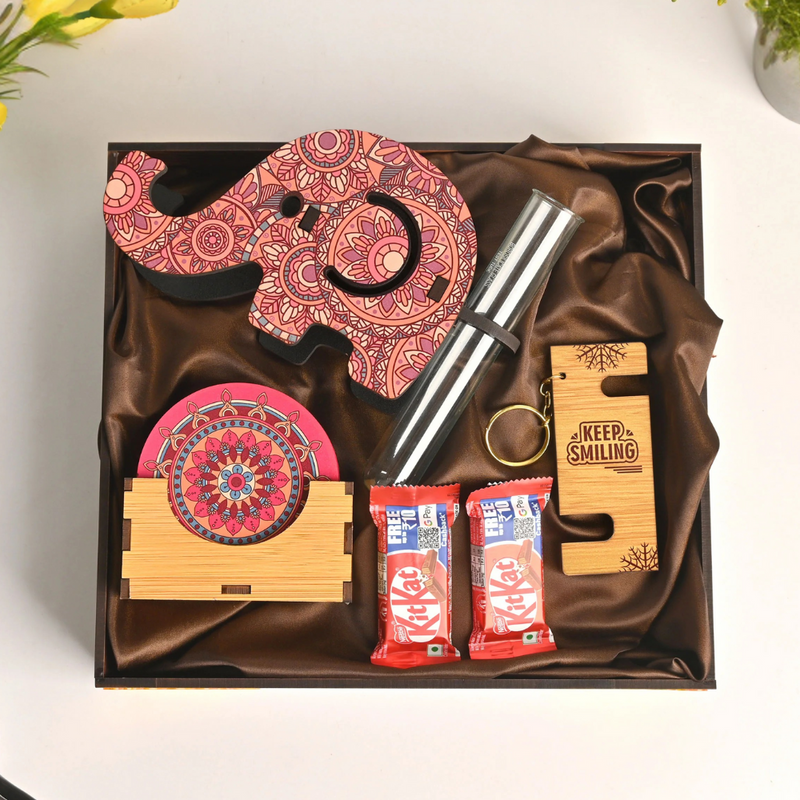 Eco-Friendly New Year Gift Hamper | Wooden Elephant Pen & Mobile Holder, Test Tube Planter, Coasters, Keychain & Chocolates | Perfect Corporate Gift