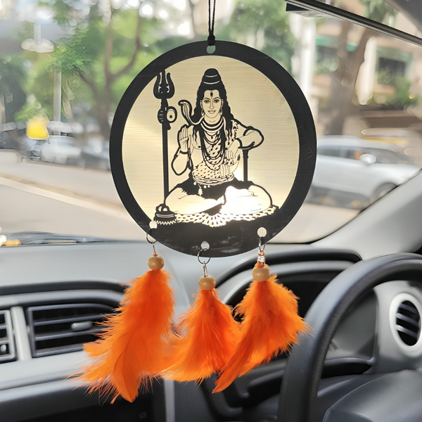 Lord Shiva Acrylic Car Hanging Ornament with Orange Feather Tassels
