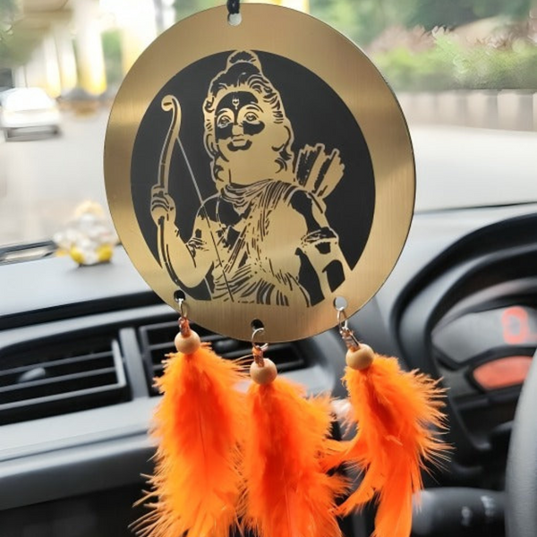 Lord Ram Acrylic Car Hanging Ornament with Orange Feather Tassels