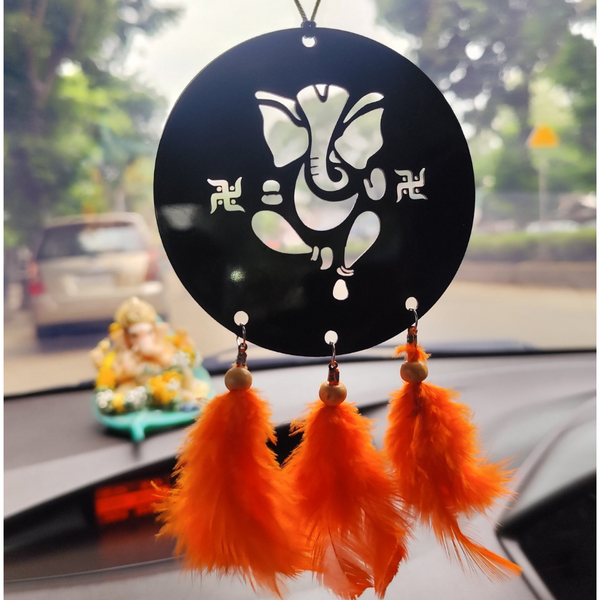 Ganpati Bappa Acrylic Car Hanging with Swastik Design & Orange Feather Tassels