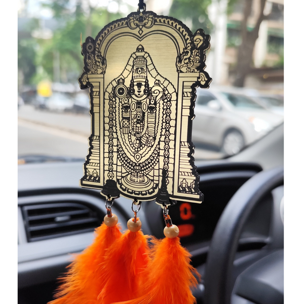 Lord Venkateshwara Acrylic Car Hanging Ornament with Orange Feather Tassels