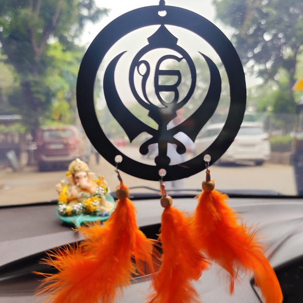 Ik Onkar Acrylic Car Hanging with Orange Decorative Feathers