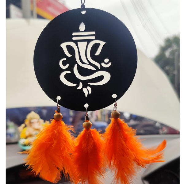 Shree Ganesha Acrylic Car Hanging with Orange Feathers