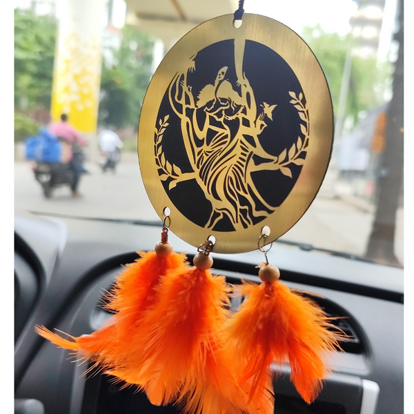 Radha Krishna Acrylic Car Hanging Ornament with Orange Feather Tassels