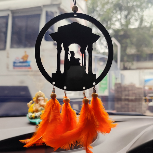 Chhatrapati Shivaji Maharaj Car Hanging with Orange Feathers