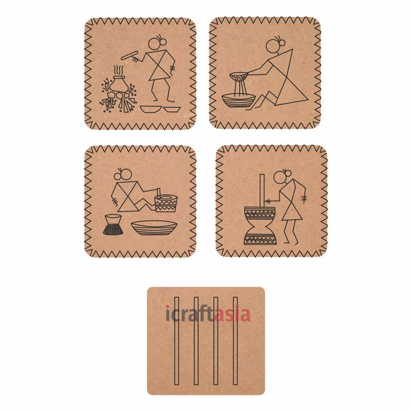 MDF Warli Art Pre Marked Coaster Base - Set of 4